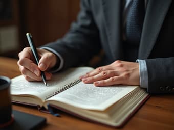 Person writing a persuasive essay in French, with a dictionary and grammar book nearby