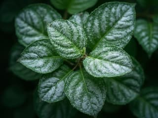 Plant leaves with white powdery mildew, close-up diagnosis shot, studio lighting