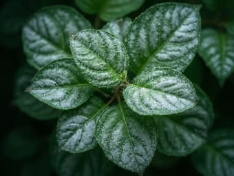 Plant leaves with white powdery mildew, close-up diagnosis shot, studio lighting