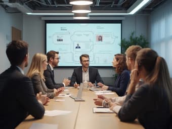 Professional addressing team conflicts, meeting room environment