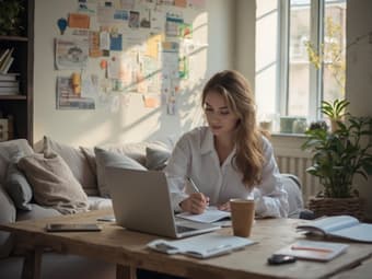 Professional balancing work and personal life, home office setting