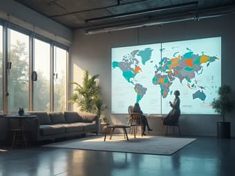 Professional browsing online courses catalog, modern office setting