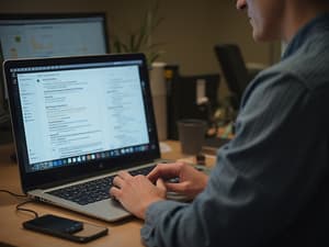 Professional composing an email on laptop, modern workspace, studio lighting