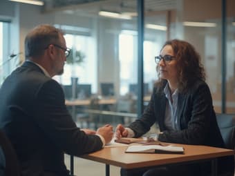 Professional conducting motivational conversation with employee, office setting