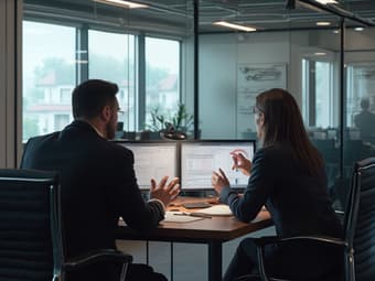 Professional conducting performance review, professional office environment