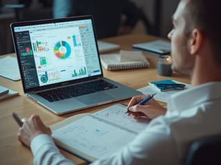 Professional creating compelling business presentation, laptop and notes