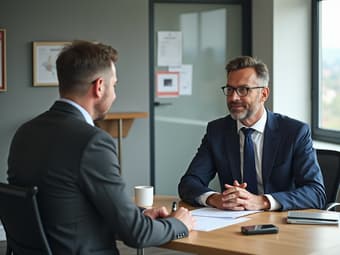 Professional discussing flexible work schedule with employer, modern office setting