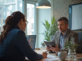 Professional discussing role change with employee, professional setting