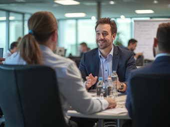 Professional discussing salary increase with challenging manager, office setting