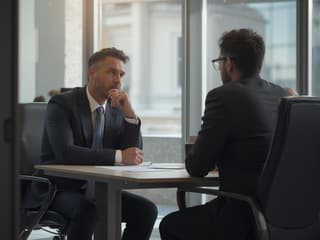 Professional having difficult termination conversation, private office setting