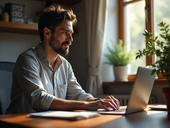 Professional managing distractions while working from home, home office setting