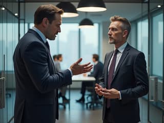 Professional mediating conflict between team members, modern office setting