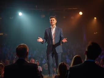 Professional practicing presentation techniques to overcome stage fright