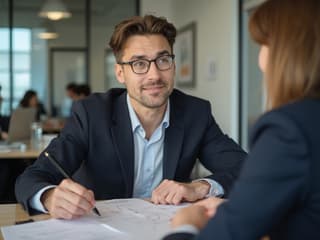 Professional preparing notes for a difficult conversation, office setting, thoughtful expression