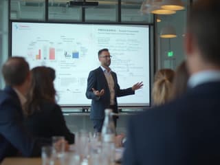 Professional rehearsing a business presentation, modern conference room, confident posture