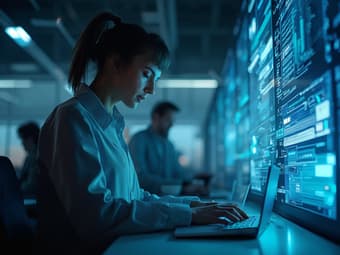 Professional researching future industry skills, modern digital environment