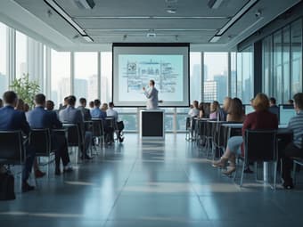 Professional researching management training courses, modern office setting