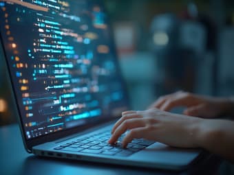 Professional researching professional certifications on laptop