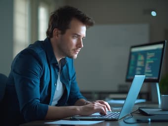 Professional researching valuable career certifications on laptop