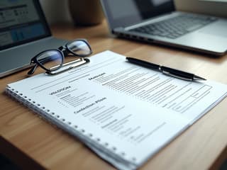 Professional resume on a desk with a pen and glasses, studio lighting, high-quality paper texture