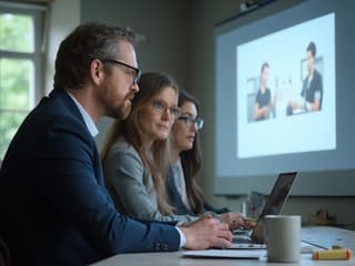 Professional reviewing presentation best practices on laptop