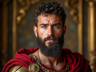 Professional studio portrait of a Roman emperor, ornate golden background, regal pose