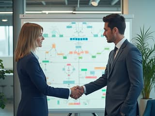 Professional using decision-making tools and flowcharts, modern office environment