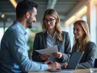 Professional using sales skills in new industry, modern office setting