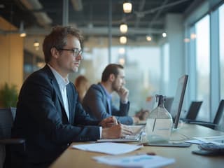 Professional working on leadership development, modern office setting