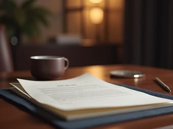 Professional writing a cover letter for management position, elegant desk setting