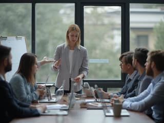 Project leader assigning tasks to team members, modern office, professional portrait