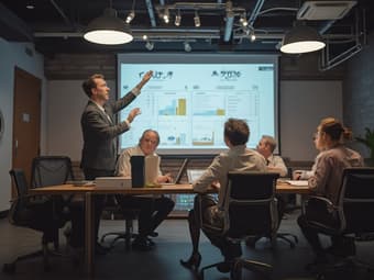 Project manager addressing timeline issues, conference room, studio lighting