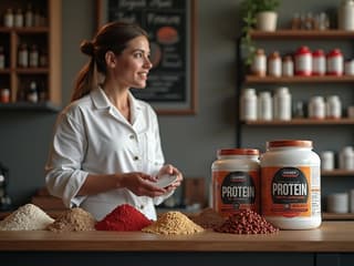Protein supplements displayed, nutritionist explaining benefits