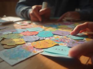 Quiz questions being created on colorful cards, educational game concept, studio lighting