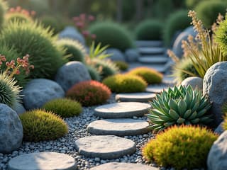 Rock garden with succulents and alpine plants, textured stones, studio photography