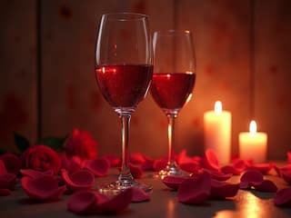 Romantic setup with wine glasses, candles, and rose petals