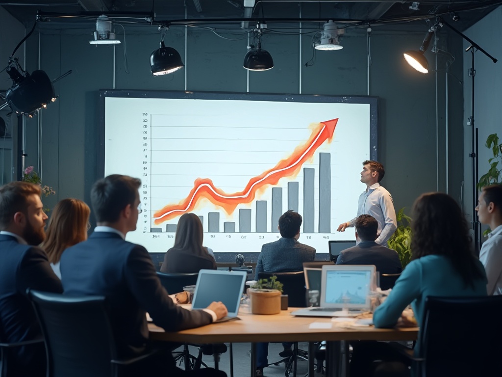 Sales growth chart with marketing tactics visualization, business strategy meeting, studio lighting
