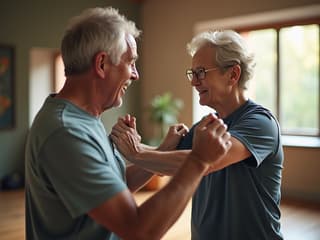 Senior fitness instructor guiding elderly exercise routine, warm studio atmosphere, gentle lighting