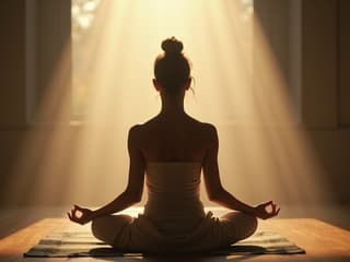 Serene studio portrait of a person meditating, soft backlight, calm atmosphere