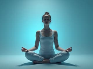 Serene studio portrait of a person meditating, soft focus, calming blue background