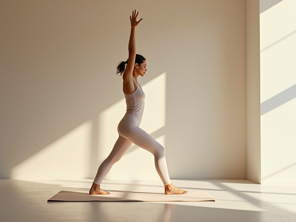 Serene woman practicing yoga in a minimalist studio, soft, calming light