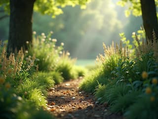 Shade-loving plants in a woodland garden setting, soft studio lighting