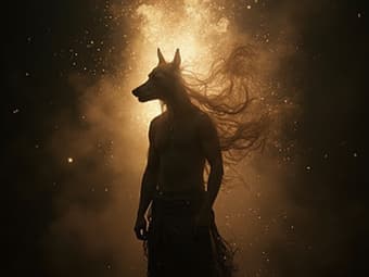 Silhouette of a person with animal spirits emerging, dramatic studio backdrop