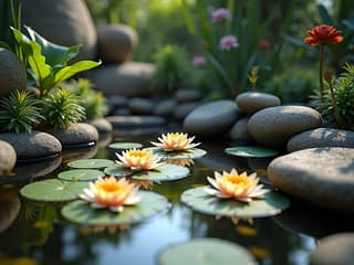 Small backyard pond with water lilies and decorative stones, studio lighting