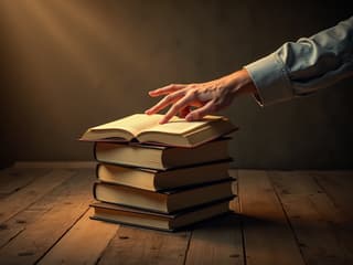 Stack of inspirational books, person reaching for one, warm studio lighting