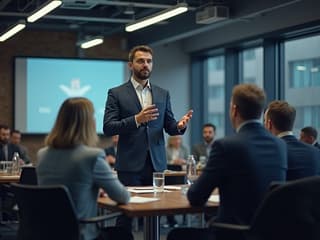 Startup founder pitching to investors, sleek conference room, professional headshot