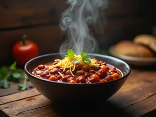 Steaming bowl of chili con carne with toppings, rustic wooden table, moody lighting