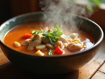 Steaming chicken soup with vegetables, cozy setting