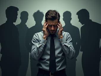 Stressed employee surrounded by menacing shadow figures, helpline number in focus