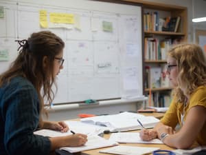 Student and teacher creating a structured study plan with calendar, notes, and learning materials